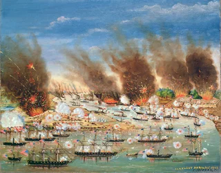 La flotte de Farragut passant Fort Jackson et Fort St. Philip, 1862