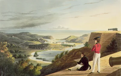 Vue du port anglais, Antigua depuis Great George Fort, Monks Hill, gravé par T. Fielding, pub. par T. et G. Underwood, 1827