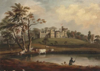 Vue du château de Hornby, Yorkshire, avec un pêcheur et du bétail sur les rives de la rivière Wenning