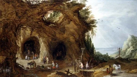 Pèlerins à un Sanctuaire dans un Paysage Montagneux