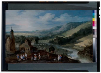 Un vaste paysage fluvial avec des paysans récoltant la moisson