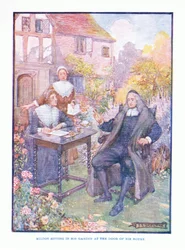 Milton assis dans son jardin à la porte de sa maison, de Littérature anglaise pub. par T C & EC Jack, vers 1920