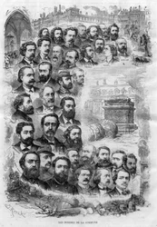 Les hommes de la Commune de Paris 1870 gravure par J Robert de 1870 - (Charles Delescluze, Félix Pyat, Charles Ferdinand Gambon, Paschal Grousset, Jules Vallès et Gustave Courbet, Arthur Arnould, Charles Amouroux, Victor Clément, Jules Bergeret etc...)