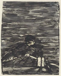 Rameur dans un bateau avec lanterne la nuit