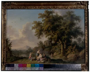 Paire de paysages avec nymphes se baignant