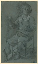 Dessin, cavalier assis avec un verre à vin, 1650-60