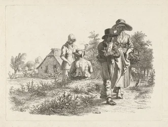 Femme aveugle et personnages conversant près d