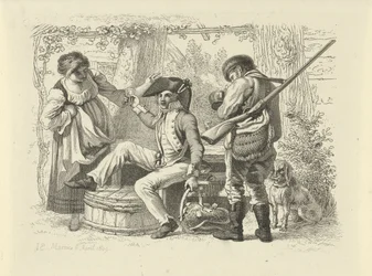 Soldat avec un verre levé entre une femme et un chasseur (Studie-prentwerk / Etudes gravées)