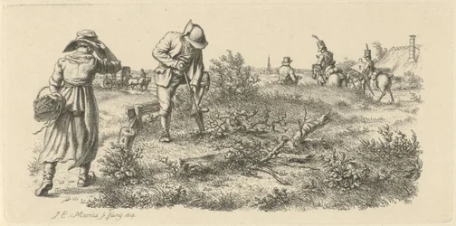 Homme creusant, une femme avec un panier et des soldats à cheval (Études gravées)