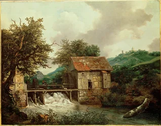 Deux moulins à eau et une écluse ouverte à Singraven, Pays-Bas (huile sur toile)