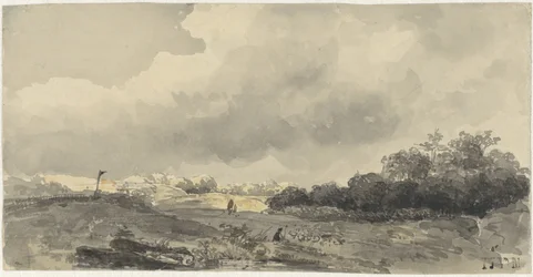Paysage avec berger sous un ciel nuageux