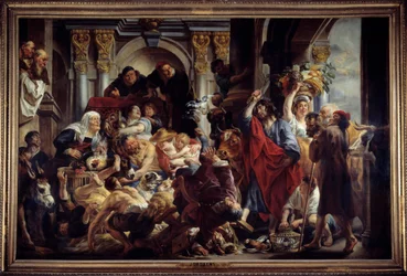 Jésus chassant les marchands du temple. Peinture de Jacob Jordaens, 17e siècle