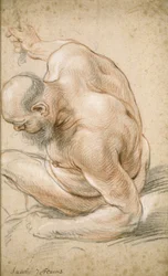 Vieil homme nu assis, appuyé sur son avant-bras, tourné vers la gauche, vers 1640