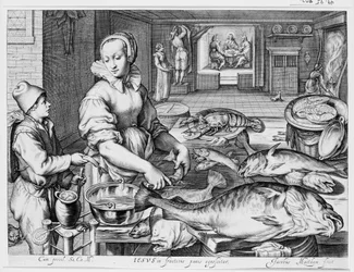 Scène de cuisine avec une servante préparant du poisson, le Christ à Emmaüs à l
