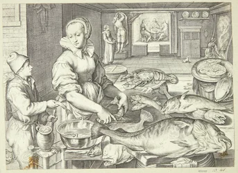 Scène de cuisine avec une cuisinière nettoyant du poisson