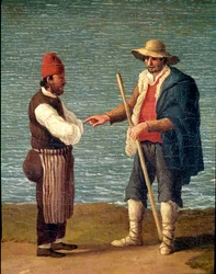 Un berger et un marchand dans le port de Monopoli, dans les Pouilles, en Italie (berger et marchand à Monopoli). Jacob Philipp Hackert, dit Hackert d