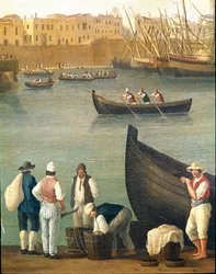 Pêcheurs de moules de Monopoli, dans les Pouilles, en Italie (pêcheurs de moules à Monopoli). Jacob Philipp Hackert, dit Hackert d