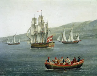 Vue de navires dans le détroit de Messine, Reggio de Calabre, Italie (navires dans le détroit de Messine entre Reggio de Calabre et la Sicile), détail. Jacob Philipp Hackert, dit Hackert d