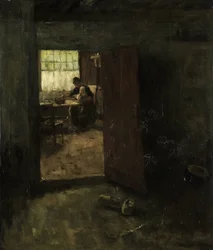 Intérieur domestique avec paysanne et enfant