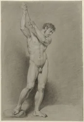Nu masculin debout avec un bâton au-dessus de la tête