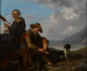 Paysage côtier méridional avec deux personnages et un chien