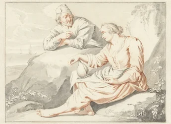 Femme avec une cruche parlant à un homme