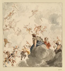 Projet de plafond avec figures féminines assises sur des nuages et amours avec des fleurs dans les airs