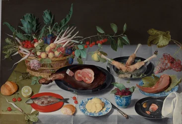 Nature morte avec viande, poisson, légumes et fruits