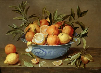 Nature morte avec oranges et citrons dans un plat en porcelaine Wan-Li