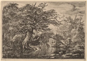 Un marais forestier avec des voyageurs sur une rive (Les Voyageurs)