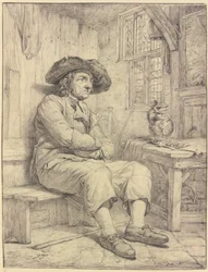 Homme assis à une table avec une cruche et une pipe
