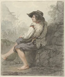 Garçon assis avec un chapeau et une peau de mouton, vers la gauche