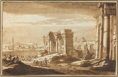 Vue capricieuse des ruines romaines le long du Tibre