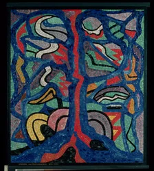 Arbre, composition en rouge, noir, bleu et jaune