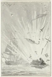 Explosion du navire corsaire néerlandais De Dappere Patriot en combat avec le navire anglais Kameleon, 14 août 1781