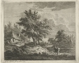 Paysage avec promeneurs près de trois arbres