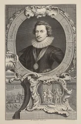 Portrait de George Villiers, duc de Buckingham, illustration de « Têtes de personnes illustres de Grande-Bretagne », publié par Knapton, Londres 1742