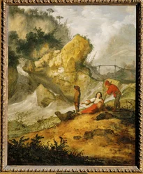 Paysage rocheux avec cascade et bergers (peinture sur bois de chêne)