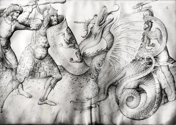 Bataille entre guerriers et un dragon, c.1450