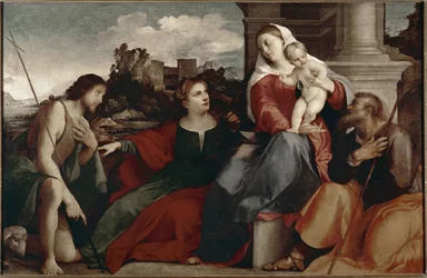 Sainte Conversation. Représentation de la Sainte Famille avec sainte Catherine de Sienne et saint Jean-Baptiste