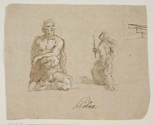 Homme agenouillé, fille avec une bougie montant des escaliers (la Vierge entrant dans le Temple), esquisse en perspective pour les escaliers