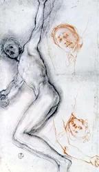 Étude du Christ cloué sur la croix, la tête répétée deux fois