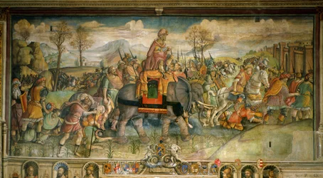 Fresque représentant Hannibal arrivant en Italie. Par Jacopo Ripanda. Fin du 16ème siècle. Palazzo des Conservatori, Rome - Hannibal traversant les Alpes, 218 av. J.-C., par Jacopo Ripanda (actif vers 1500-1516), vers 1510, fresque du Palais des Conservate