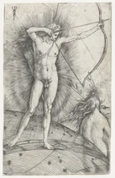 Apollon avec arc et flèches sur globe céleste et Diane avec cerf