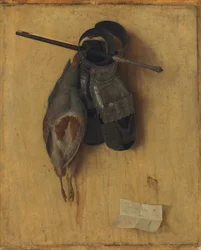 Perdrix morte, avec des gants de fer et des flèches d