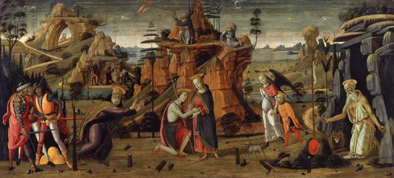Paysage avec des scènes bibliques et des scènes de légendes de saints