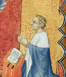 Jean de France, Duc de Berry priant devant le Père Éternel, des Petites Heures du Duc de Berry (détail)