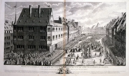 Illustration du XVIIIe siècle représentant Louis XV, roi de France, ayant régné de 1715 à 1774, se déplaçant rue de Strasbourg, à Paris.