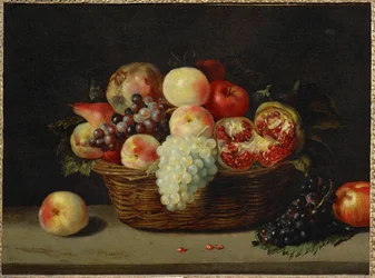 Panier de grenade, peches et raisins - Un panier avec des grenades, des pêches et des raisins ...