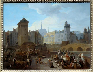 Révolution française : Vue du pont et de la pompe Notre-Dame à Paris